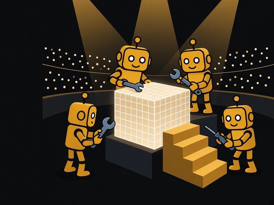 Robot agents work on a glowing model beside gold blocks that step down in size